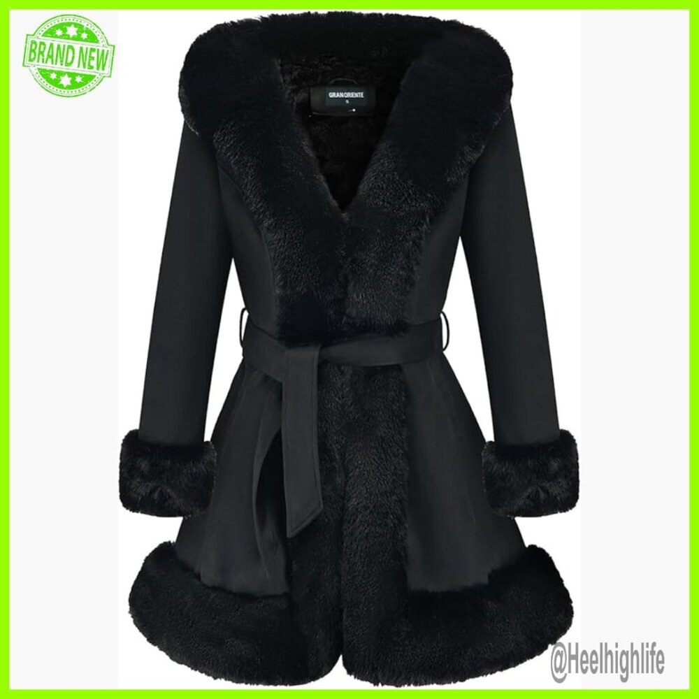 Faux Fur Collar Suede Jacket, Slim Fit Winter Parka with Belt, Long Sleeve